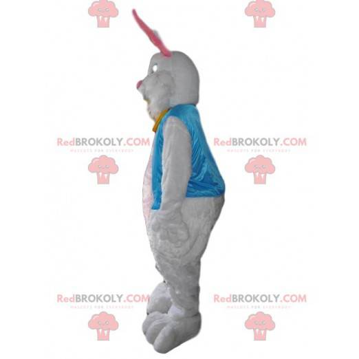 Mascot silky white rabbit with his sky blue vest -