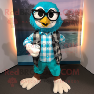 Turquoise Haast'S Eagle mascot costume character dressed with a Flannel Shirt and Eyeglasses