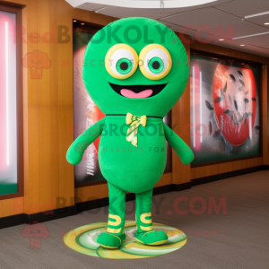 Green Donut mascot costume character dressed with a Sheath Dress and Shoe laces