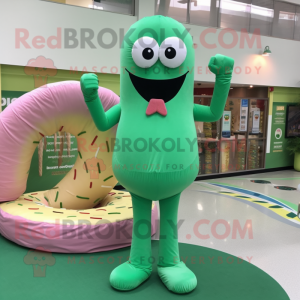 Green Donut mascot costume character dressed with a Sheath Dress and Shoe laces