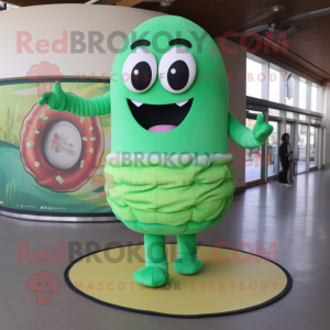 Green Donut mascot costume character dressed with a Sheath Dress and Shoe laces
