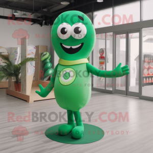 Green Donut mascot costume character dressed with a Sheath Dress and Shoe laces