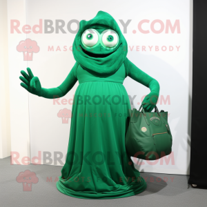 Forest Green Cyclops mascot costume character dressed with a Wrap Dress and Handbags