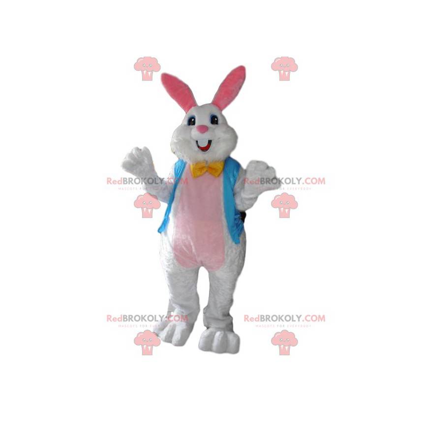 Mascot conejo blanco sedoso con su chaleco azul cielo -