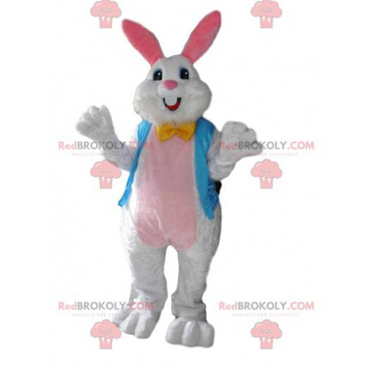 Mascot silky white rabbit with his sky blue vest -