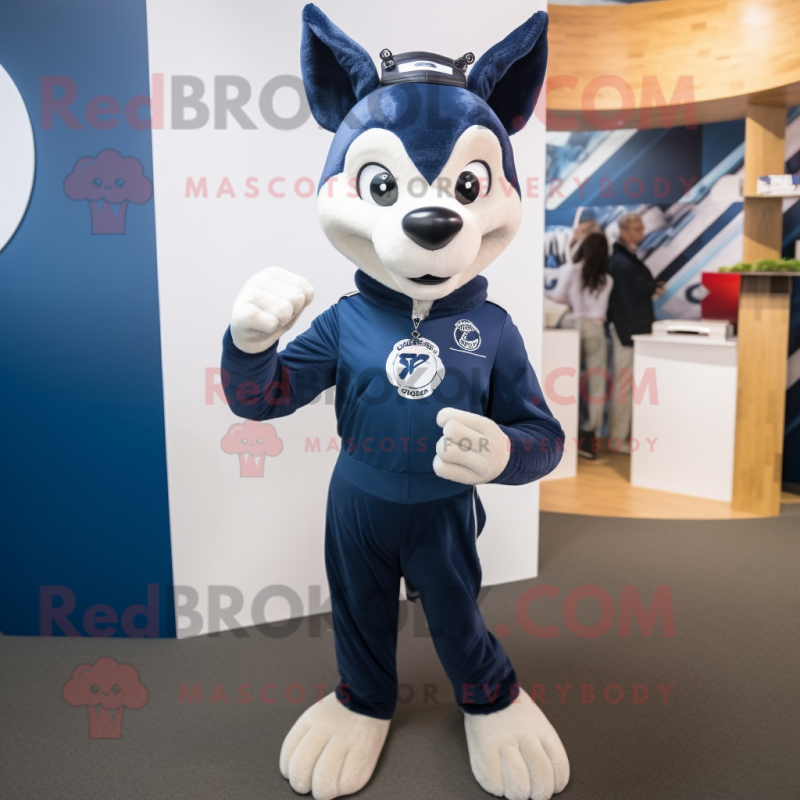 Navy Dingo mascot costume character dressed with a Leggings and Watches