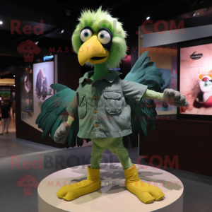 Green Vulture mascot costume character dressed with a Denim Shorts and Hair clips