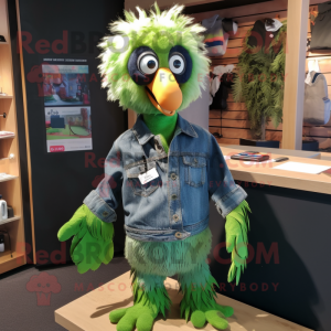 Green Vulture mascot costume character dressed with a Denim Shorts and Hair clips