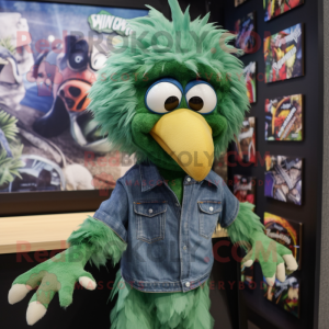 Green Vulture mascot costume character dressed with a Denim Shorts and Hair clips