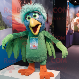 Green Vulture mascot costume character dressed with a Denim Shorts and Hair clips