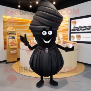 Black Croissant mascot costume character dressed with a Cocktail Dress and Hats