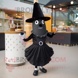 Black Croissant mascot costume character dressed with a Cocktail Dress and Hats