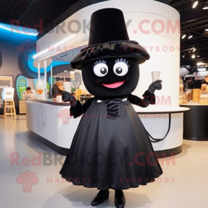 Black Croissant mascot costume character dressed with a Cocktail Dress and Hats