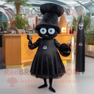 Black Croissant mascot costume character dressed with a Cocktail Dress and Hats