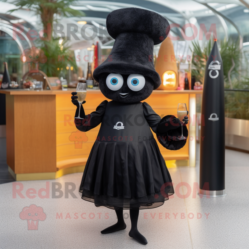 Black Croissant mascot costume character dressed with a Cocktail Dress and Hats Black Croissant mascot costume character dressed with a Cocktail Dress and Hats
