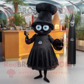 Black Croissant mascot costume character dressed with a Cocktail Dress and Hats