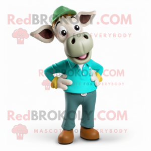 Teal Jersey Cow mascot costume character dressed with a Chinos and Shoe clips