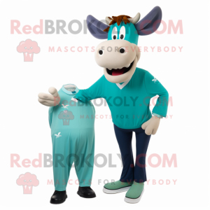 Teal Jersey Cow mascot costume character dressed with a Chinos and Shoe clips