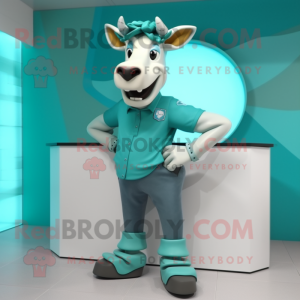 Teal Jersey Cow mascot costume character dressed with a Chinos and Shoe clips