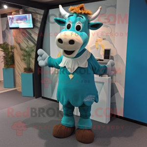 Teal Jersey Cow mascot costume character dressed with a Chinos and Shoe clips