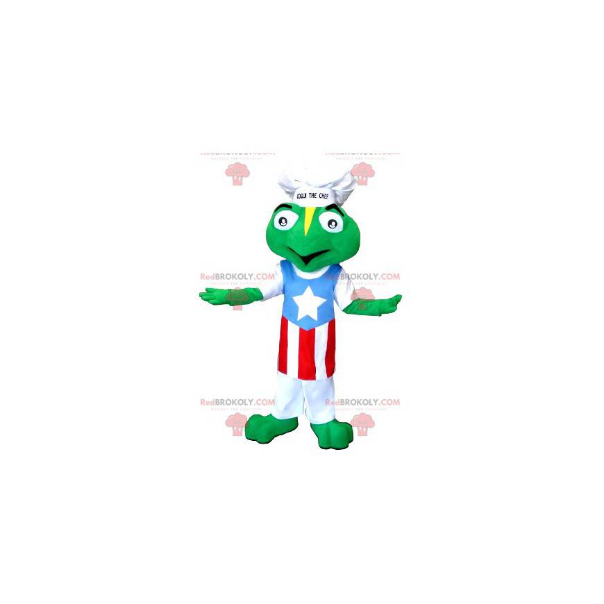 Frog mascot dressed with a chef's hat and an apron -