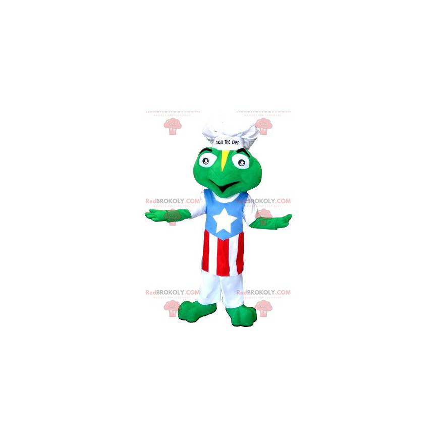 Mascota de la rana vestida con un gorro de cocinero y un