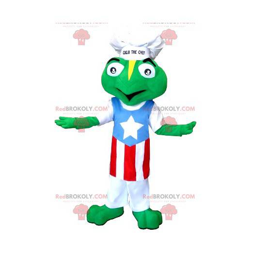 Frog mascot dressed with a chef's hat and an apron -