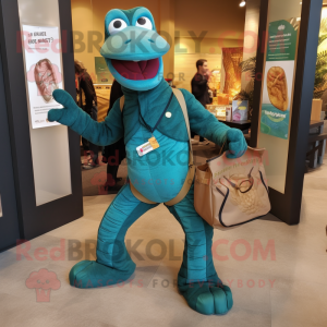 Teal Titanoboa mascot costume character dressed with a Corduroy Pants and Tote bags
