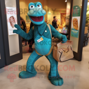 Teal Titanoboa mascot costume character dressed with a Corduroy Pants and Tote bags