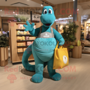 Teal Titanoboa mascot costume character dressed with a Corduroy Pants and Tote bags