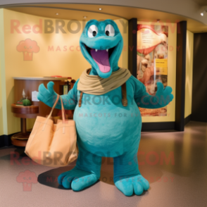 Teal Titanoboa mascot costume character dressed with a Corduroy Pants and Tote bags