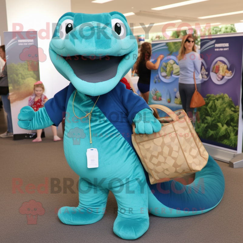 Teal Titanoboa mascot costume character dressed with a Corduroy Pants and Tote bags Teal Titanoboa mascot costume character dressed with a Corduroy Pants and Tote bags
