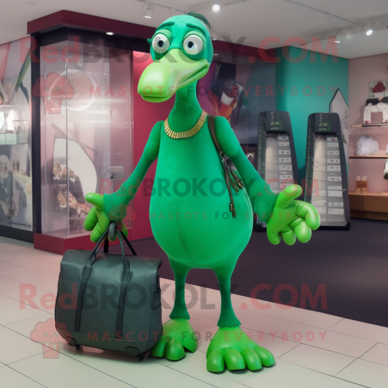 Green Dodo Bird mascot costume character dressed with a Leggings and Handbags Green Dodo Bird mascot costume character dressed with a Leggings and Handbags