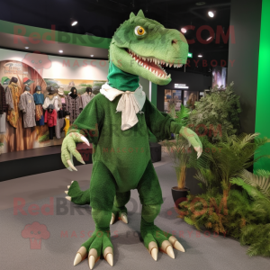 Forest Green Spinosaurus mascot costume character dressed with a Long Sleeve Tee and Brooches