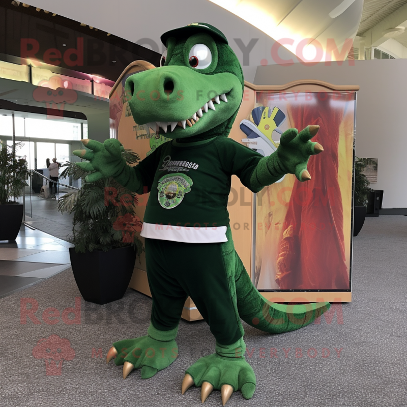Forest Green Spinosaurus mascot costume character dressed with a Long Sleeve Tee and Brooches