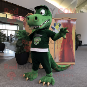 Forest Green Spinosaurus mascot costume character dressed with a Long Sleeve Tee and Brooches