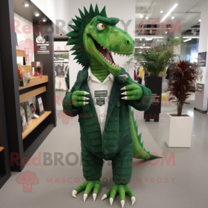 Forest Green Spinosaurus mascot costume character dressed with a Long Sleeve Tee and Brooches