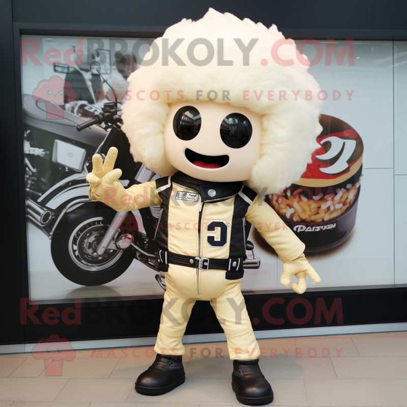 Cream Ramen mascot costume character dressed with a Biker Jacket and Belts Cream Ramen mascot costume character dressed with a Biker Jacket and Belts