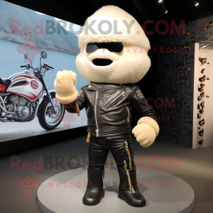 Cream Ramen mascot costume character dressed with a Biker Jacket and Belts