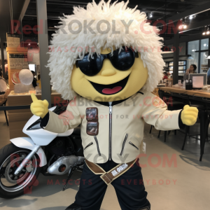 Cream Ramen mascot costume character dressed with a Biker Jacket and Belts