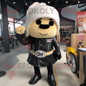 Cream Ramen mascot costume character dressed with a Biker Jacket and Belts