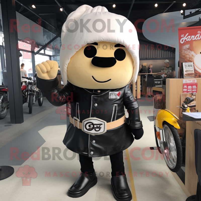 Cream Ramen mascot costume character dressed with a Biker Jacket and Belts Cream Ramen mascot costume character dressed with a Biker Jacket and Belts