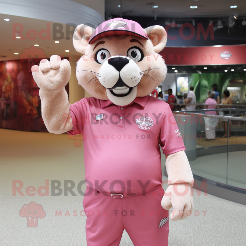 Pink Smilodon mascot costume character dressed with a Polo Shirt and Caps