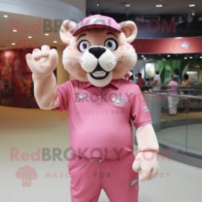 Pink Smilodon mascot costume character dressed with a Polo Shirt and Caps