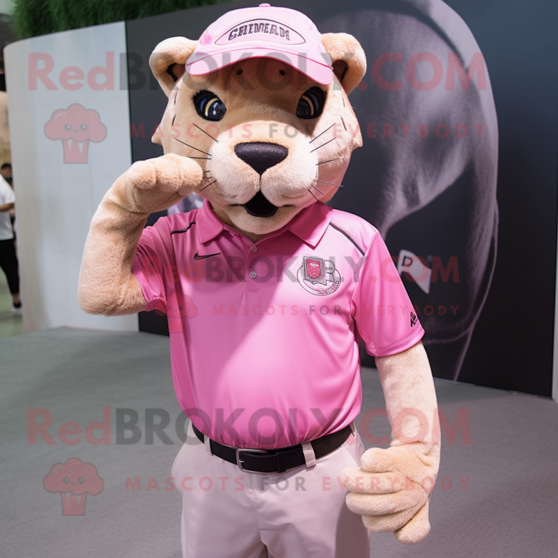 Pink Smilodon mascot costume character dressed with a Polo Shirt and Caps Pink Smilodon mascot costume character dressed with a Polo Shirt and Caps