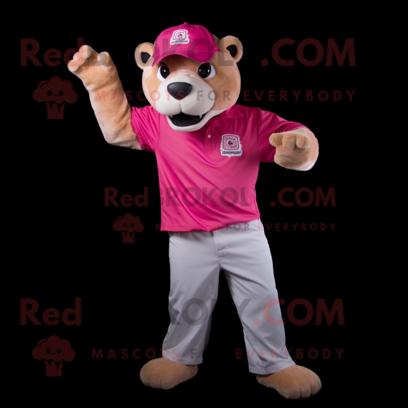 Pink Smilodon mascot costume character dressed with a Polo Shirt and Caps