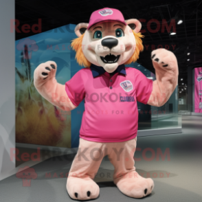 Pink Smilodon mascot costume character dressed with a Polo Shirt and Caps