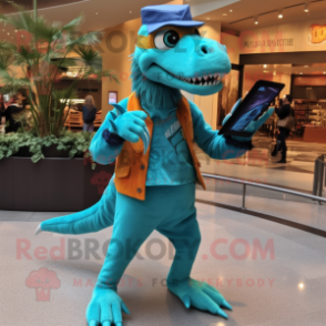 Turquoise Velociraptor mascot costume character dressed with a Corduroy Pants and Headbands