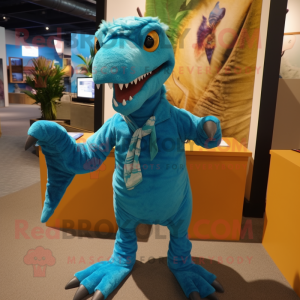 Turquoise Velociraptor mascot costume character dressed with a Corduroy Pants and Headbands
