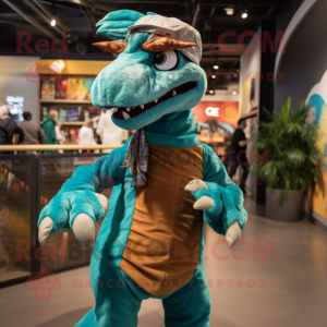 Turquoise Velociraptor mascot costume character dressed with a Corduroy Pants and Headbands